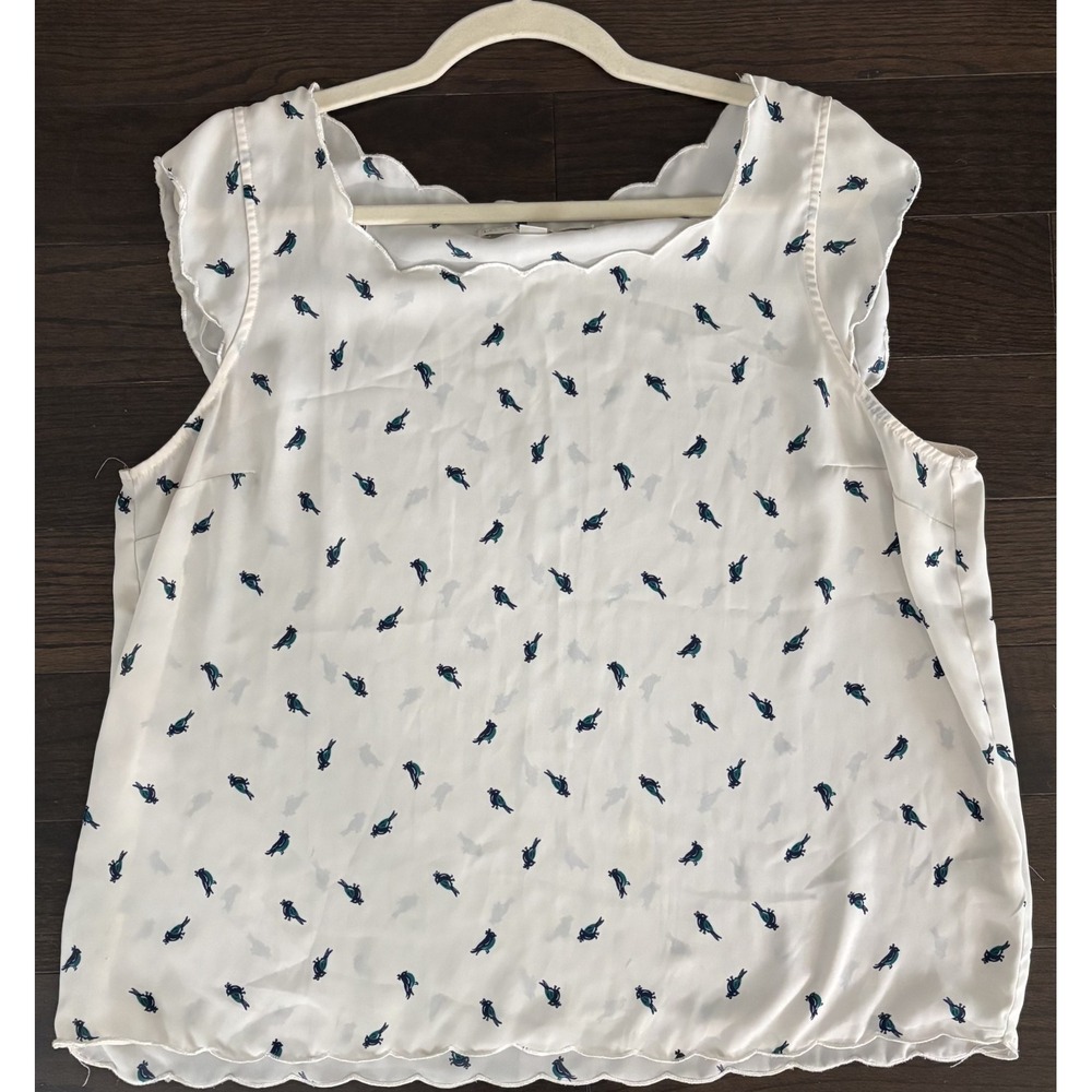 LC Lauren Conrad Womens Blouse Top White Cap Sleeve Scalloped Hem Bird Print XL
